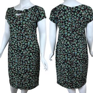 Tatyana Sierra Women Size 1X Green Linen Abstrect Floral Sheath Midi Dress Retro
